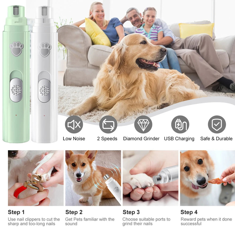 Electric Dog Nail Grinder USB Rechargeable LED Light Pet Nail Clipper Painless 2-Speed with Polisher Wheel for Pet Paws Grooming