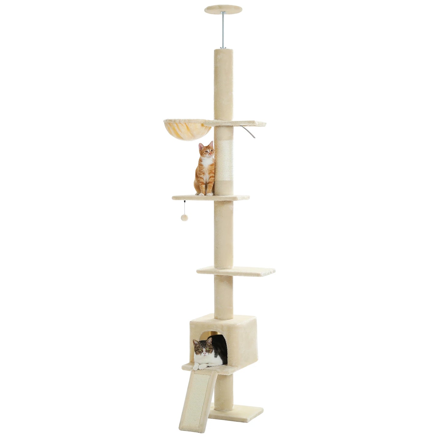 Adjustable Height 210-274CM Cat Tree Floor to Ceiling Tall Cat Climbing Tower with Cozy Condo Hammock Scratching Post Platforms