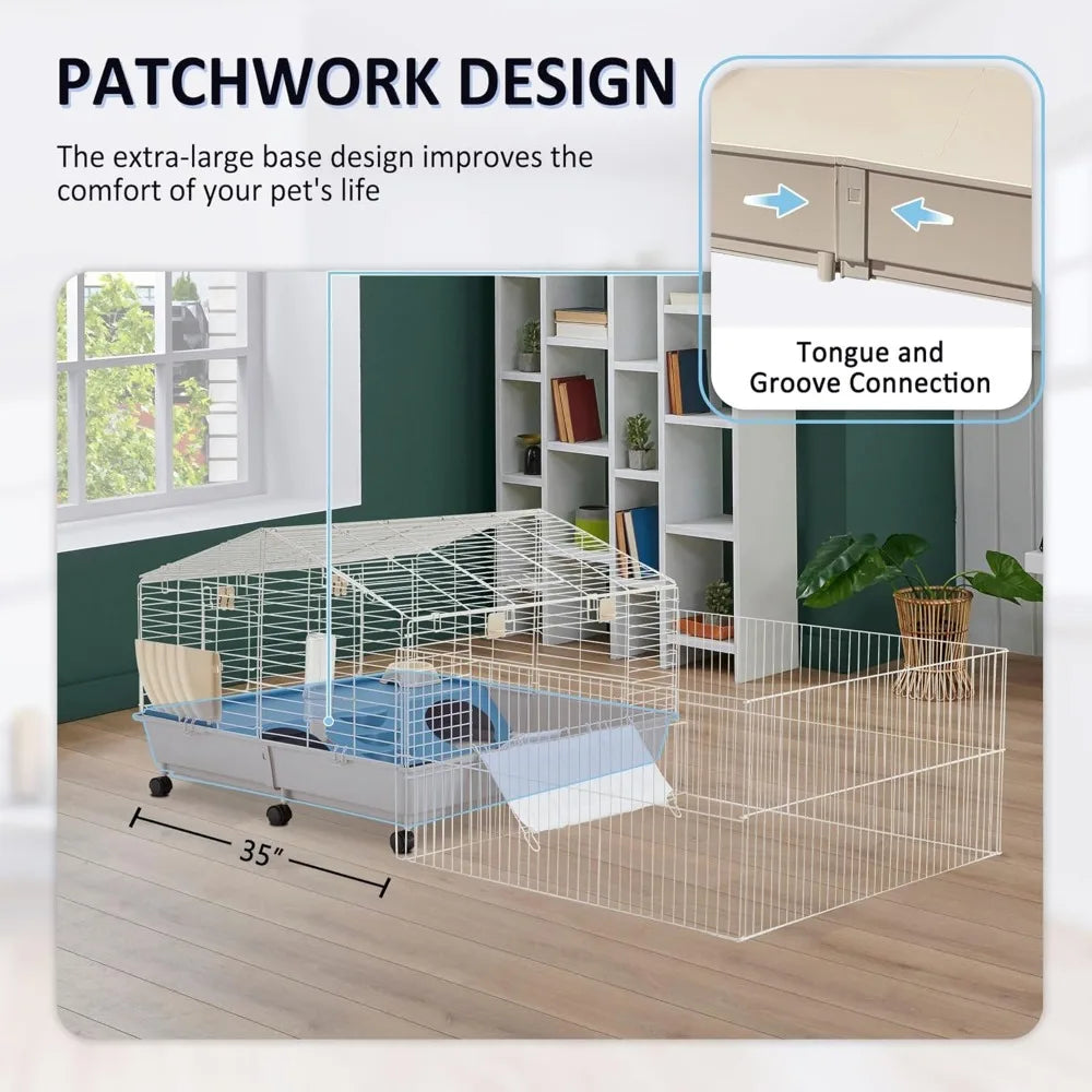 67" L Rolling Rabbit Cage with Foldable Playpen, Small Animal Cage, Guinea Pig Cages with Ramp/Water Bottle/Hay Feeder Chinchilla