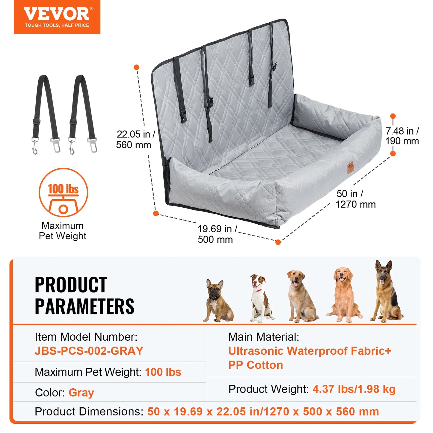 VEVOR Dog Car Seat Waterproof Dog Booster Seat Pet Car Seat with Clip-On Safety Leash PP Cotton Car Bed for Medium & Large Dog