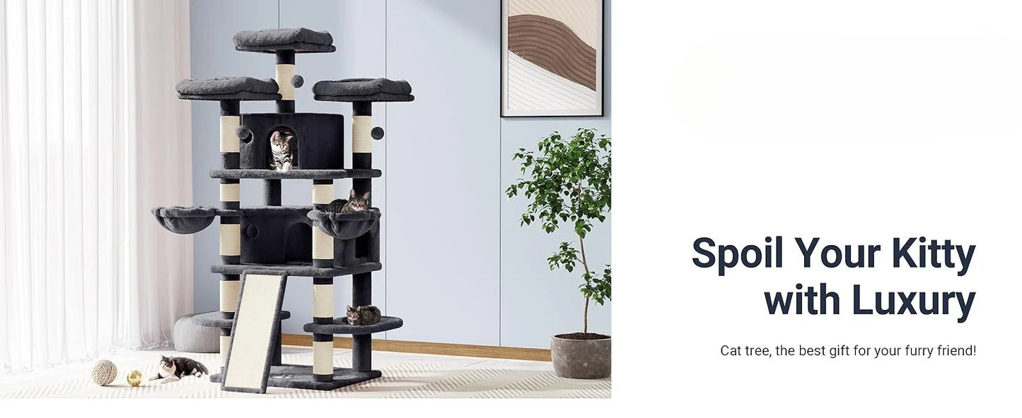 68 Inch Cat Treehouse with Cat Nest, Cat Scratch Post, and Multi Story Tower