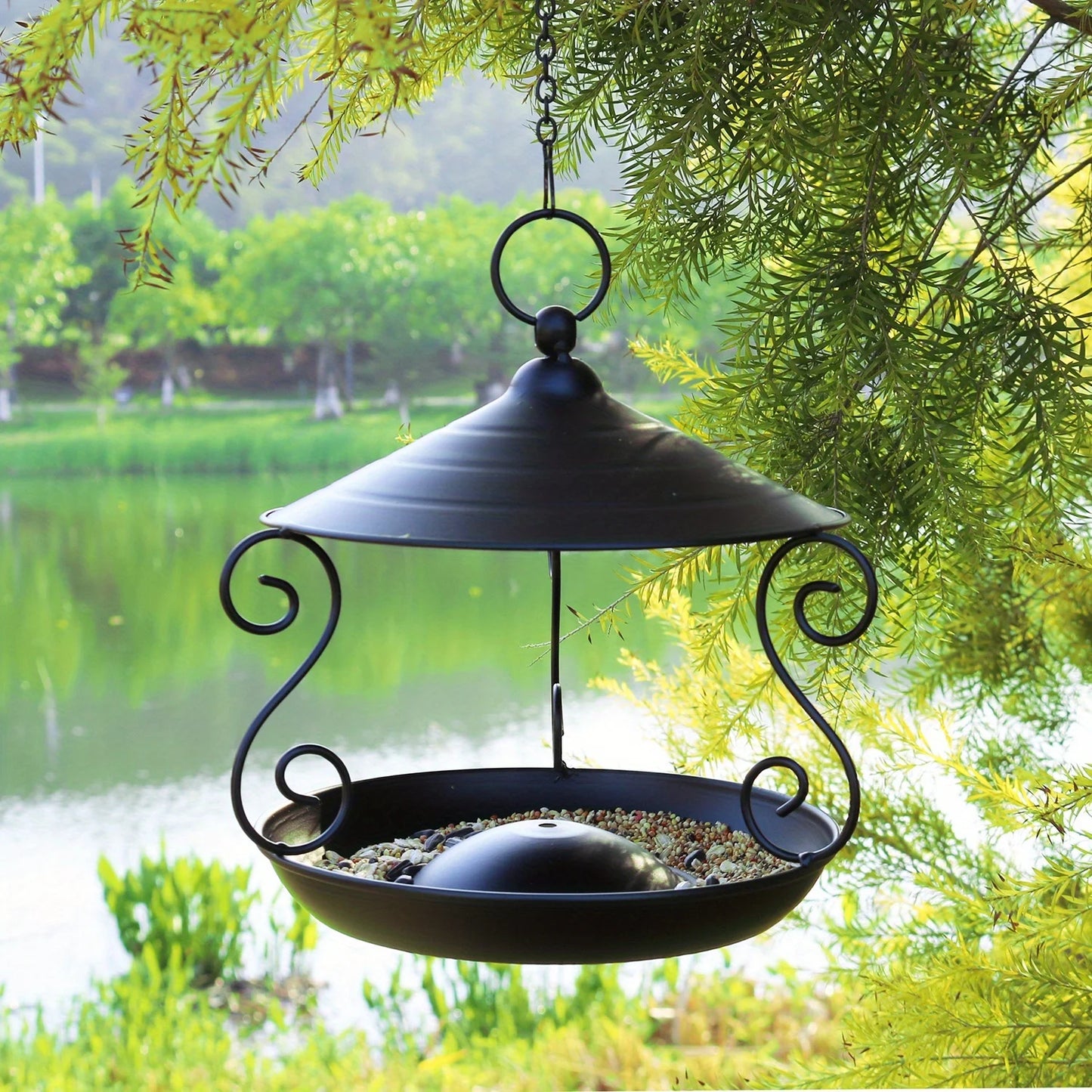 Elegant Black Hanging Bird Feeder - Durable Metal Garden Decor, Attracts Various Birds, Ideal for Outdoor Use