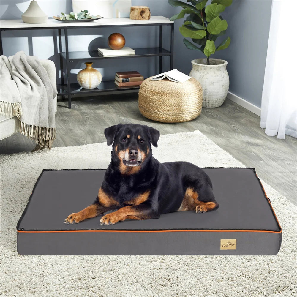Premium Large Orthopedic Memory Foam Dog Bed Waterproof Pet Jumbo Mattress with Orange Trim Washable Water Resistant