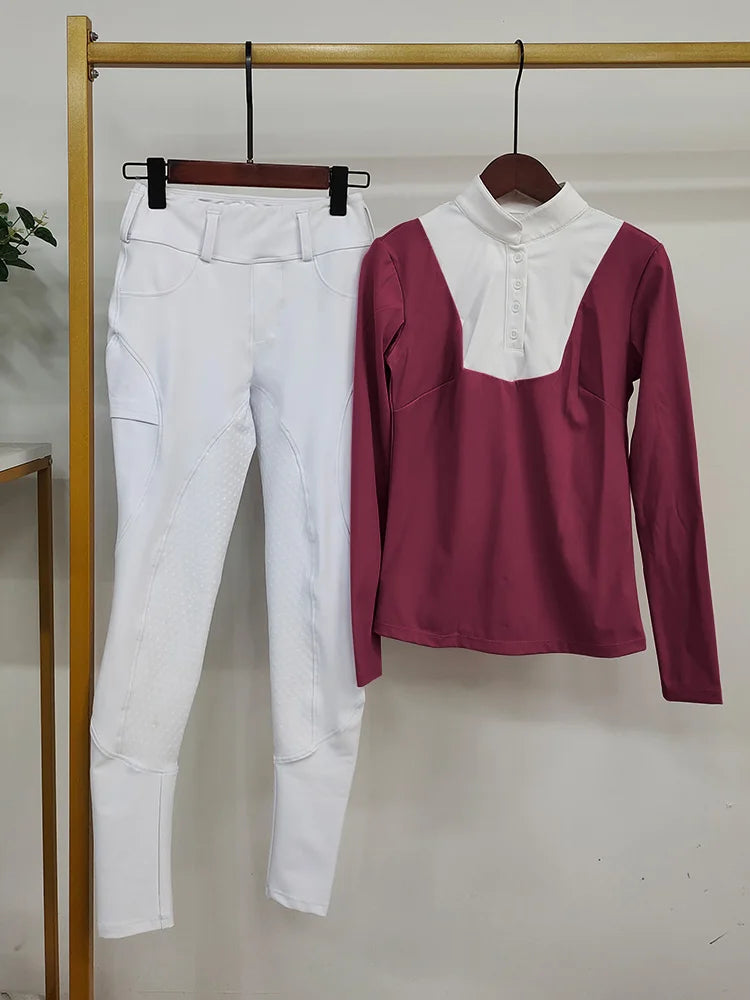 MXLLINA Women Equestrian Clothes Set Horse Riding Long Sleeve T-shirts And Pants Sports Suit Competition Training Riding Wear