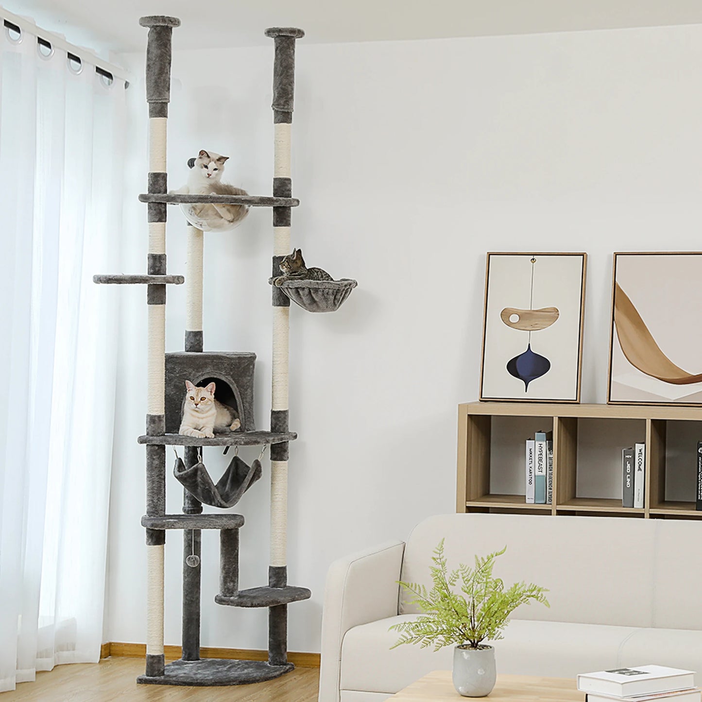 Floor to Ceiling Cat Tree Adjustable Cat Tower Tall Kitty Climbing Play House Tall Kitty Climbing Play House with Scratching Posts Cozy Condo Perches Hammock