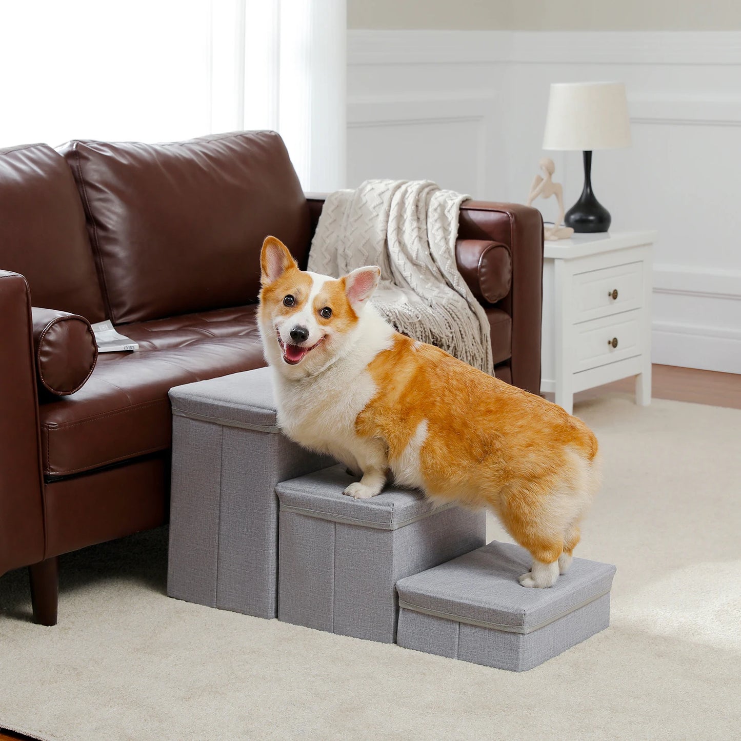 3-Tier Dog Stairs Foldable Pet Stair with Storage Box Adjustable Height Dog Steps for Small Old Dog Cat Non-Slip Pet Ramp Indoor