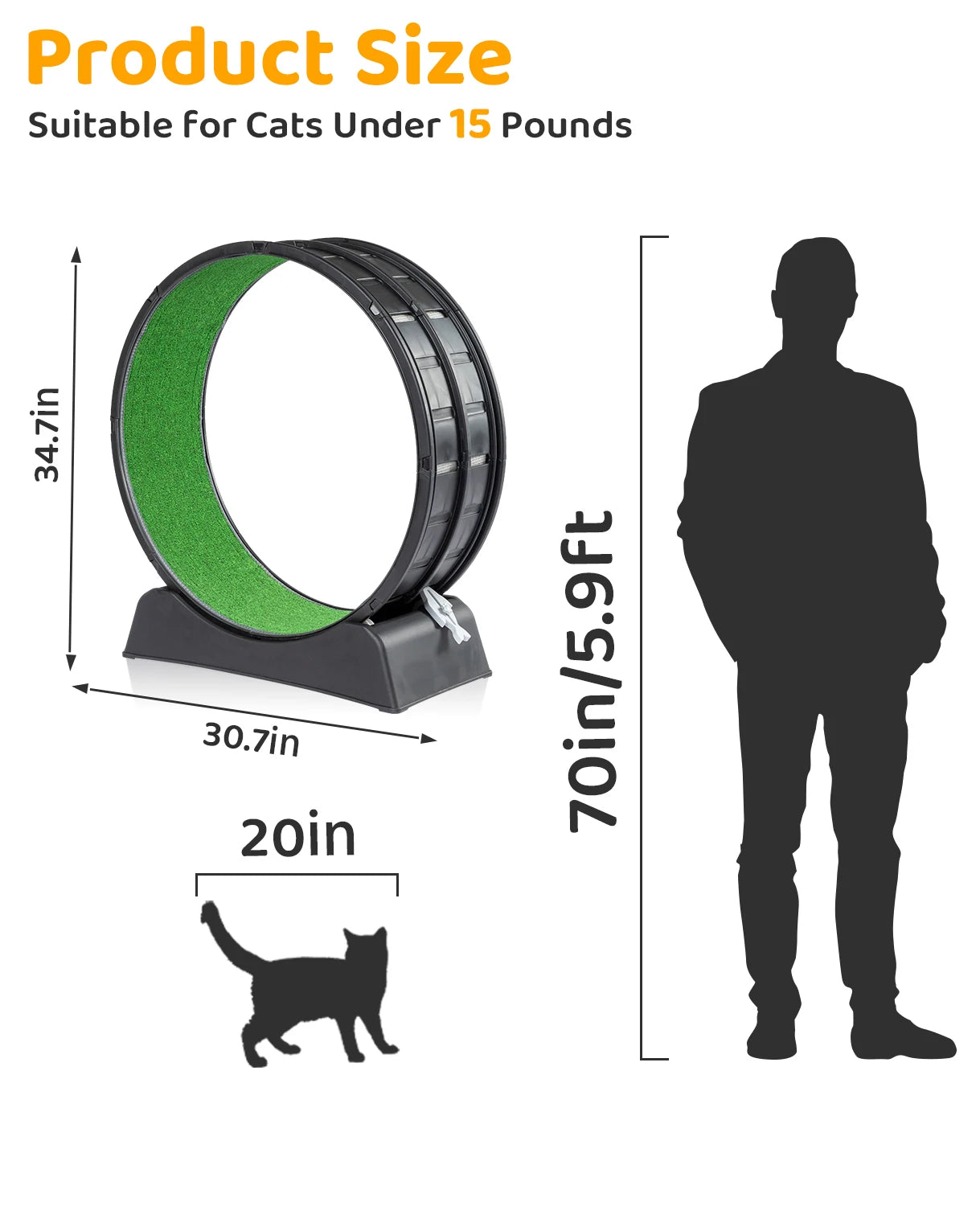Cat Treadmill Wheel Exerciser with Carpeted Runway, Plastic Cat Running Wheel for Cats Daily Exercise and Weight Loss, Black