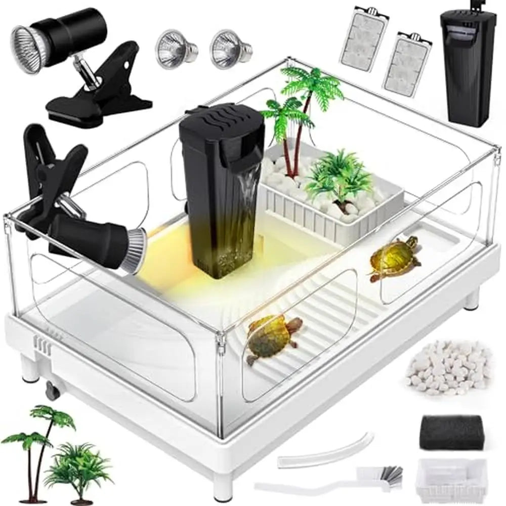 Acrylic Turtle Tank Starter Kit Tank Light Filter Basking Platform Small Tank Kit with Bottom Drainage Multi-Function