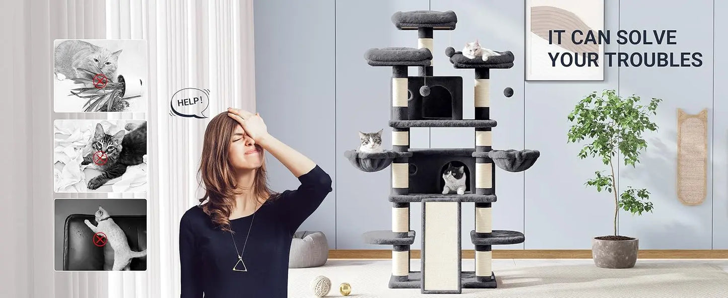 68 Inch Cat Treehouse with Cat Nest, Cat Scratch Post, and Multi Story Tower