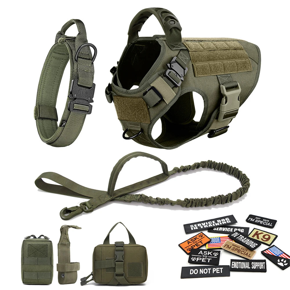 Military Large Dog Harness Collar Leash Bags Patches Set Malinois Training Vests Tactical Dogs Harnesses Accessories