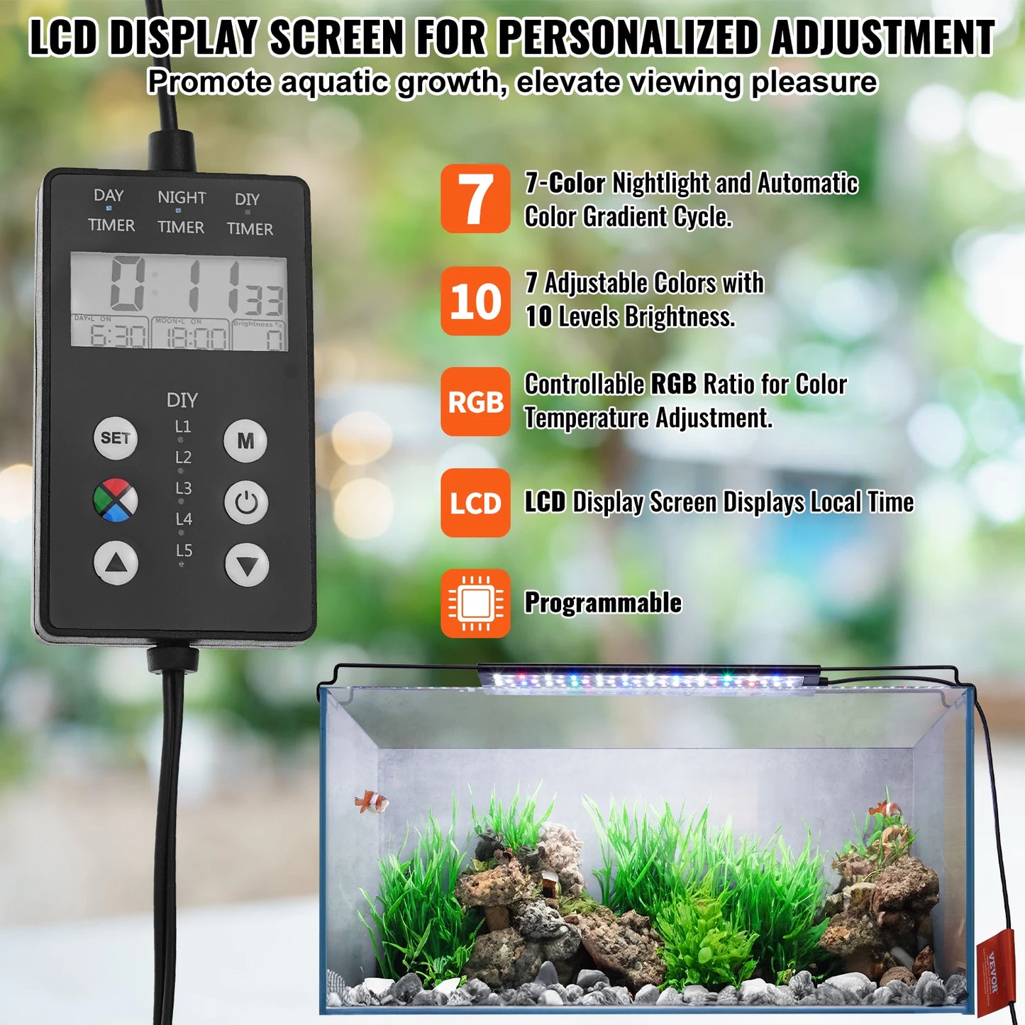 Aquarium Light with LCD Monitor, 14W Full Spectrum Light with 24/7 Natural Mode, Adjustable Brightness