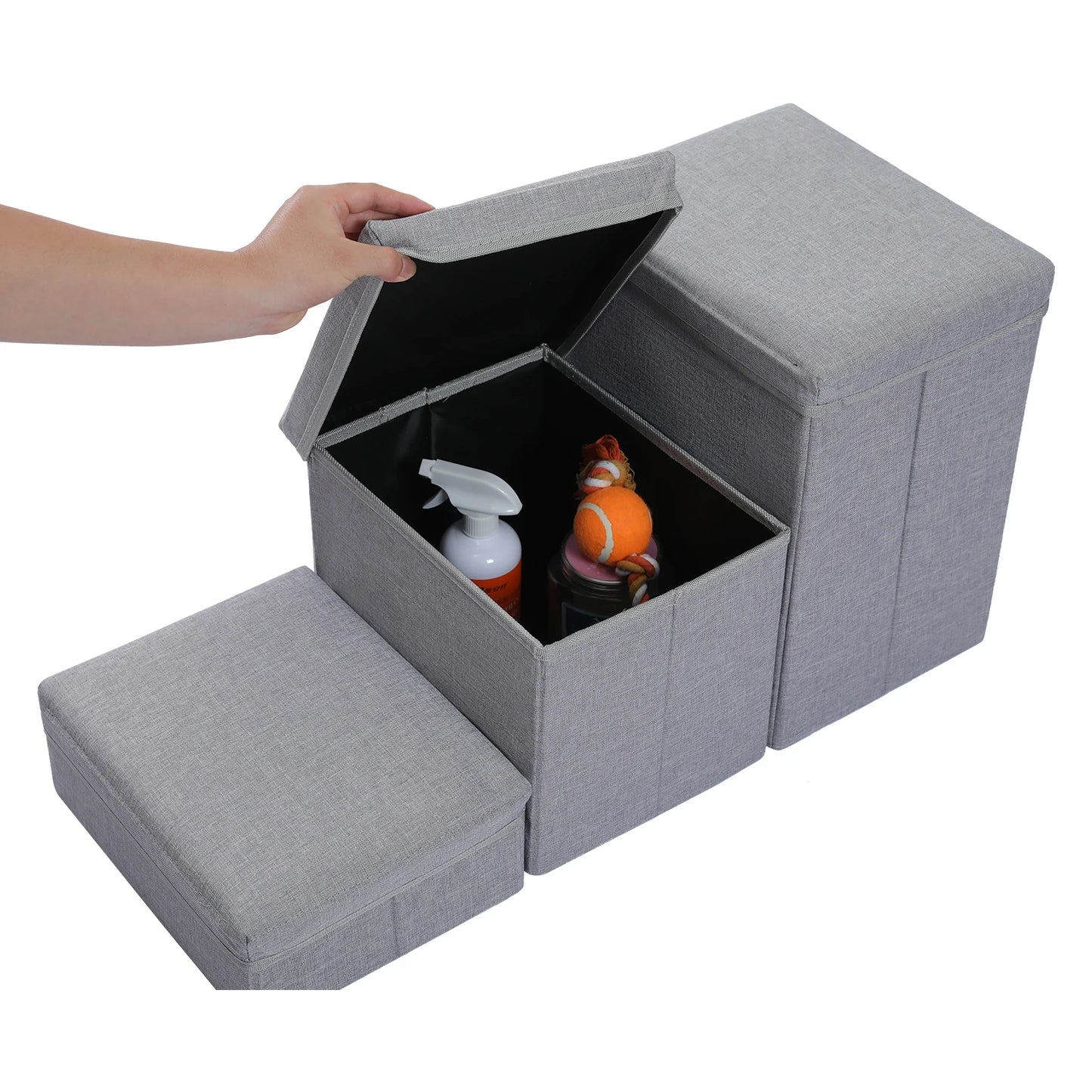 3-Tier Dog Stairs Foldable Pet Stair with Storage Box Adjustable Height Dog Steps for Small Old Dog Cat Non-Slip Pet Ramp Indoor