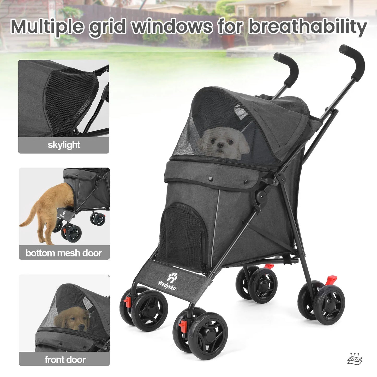Wedyvko Pet Dog Stroller 4 Wheels Puppy Stroller with Brakes Storage for Dogs Cats Travel Pet Supplies Outdoor