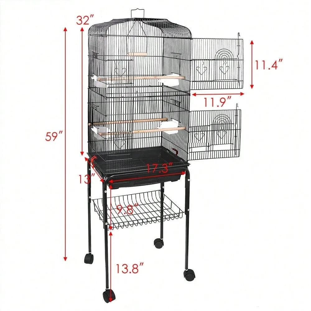 59''H Bird Cage Cockatiel Parakeet Finch Canary Home with Stand & Tray