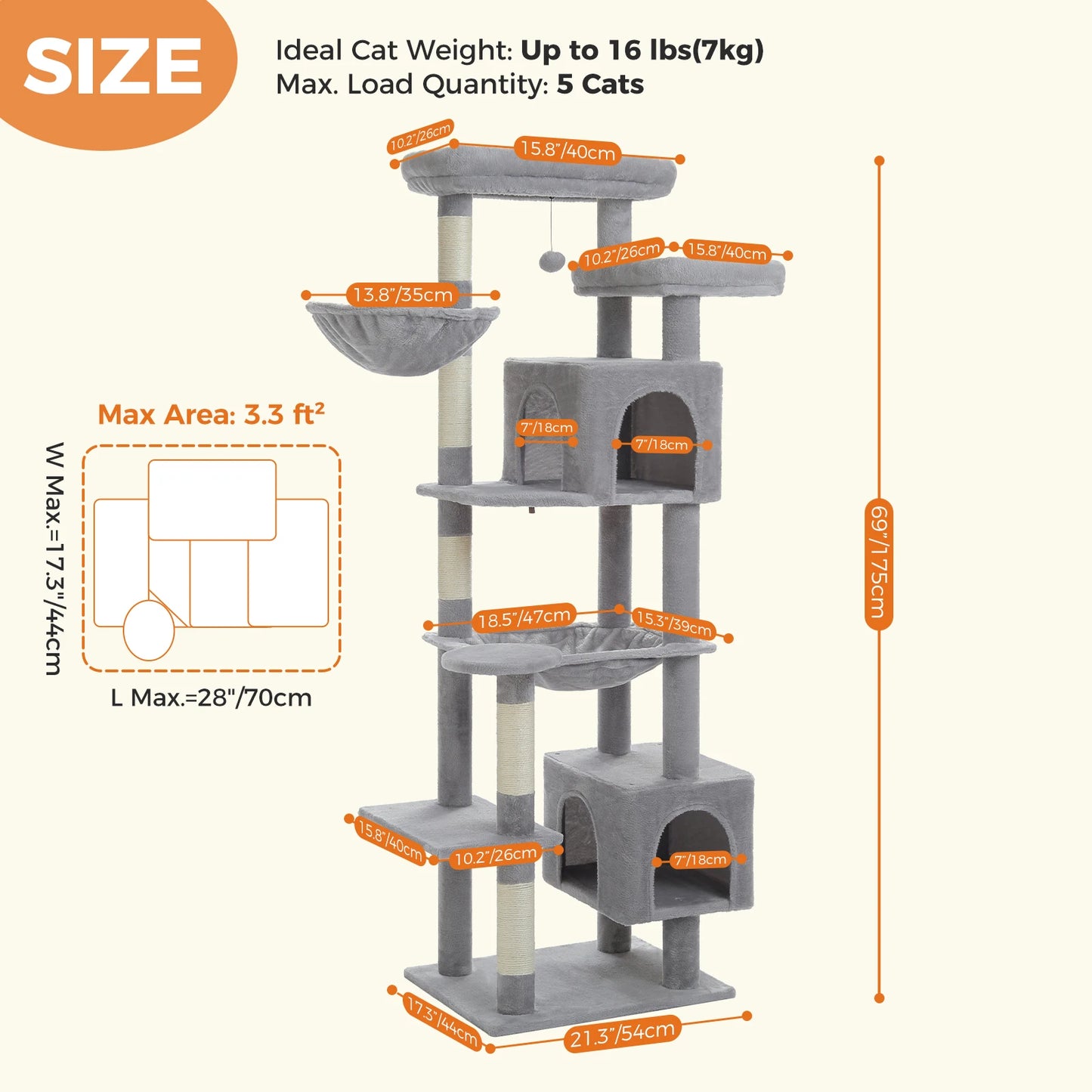 Large Cat Tree Tall Cat Tower for Indoor Cats Multi-Level Plush Cat Condo with Scratching Posts Scratching Posts Perches Caves