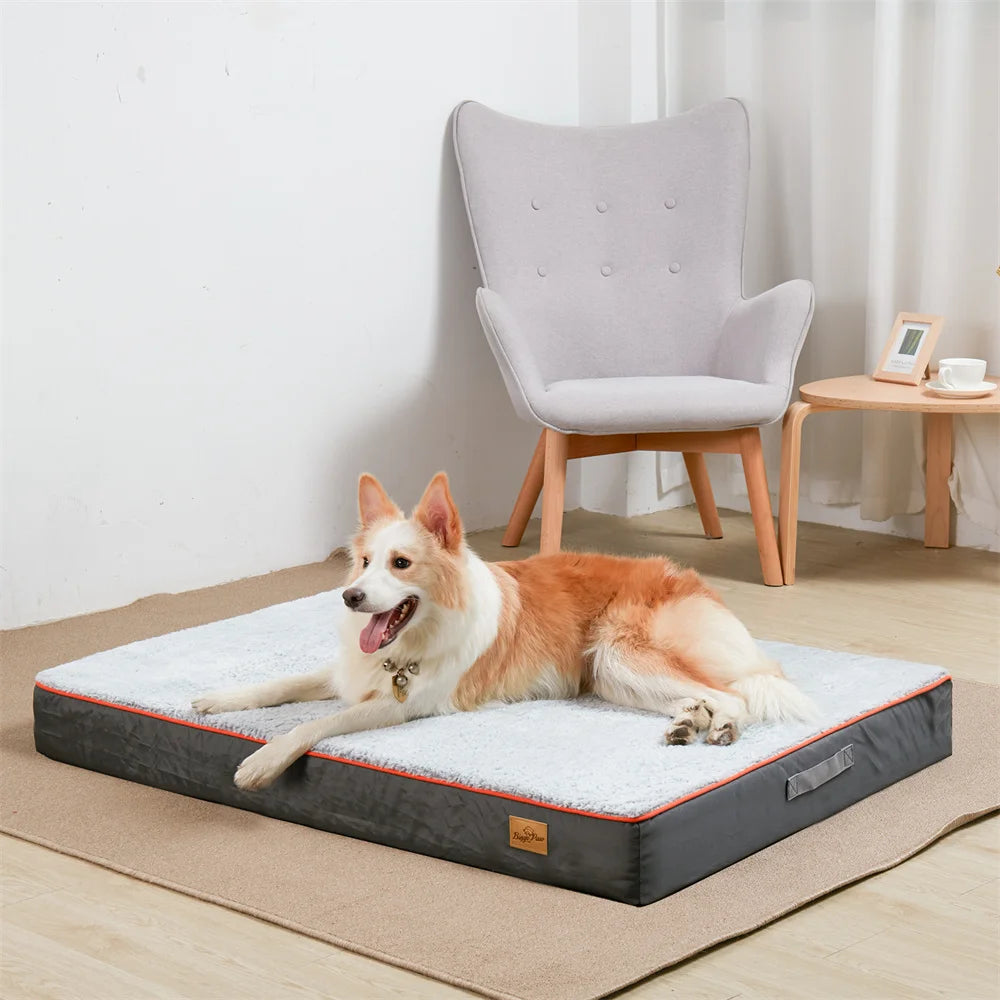 Premium Large Orthopedic Memory Foam Dog Bed Waterproof Pet Jumbo Mattress with Orange Trim Washable Water Resistant