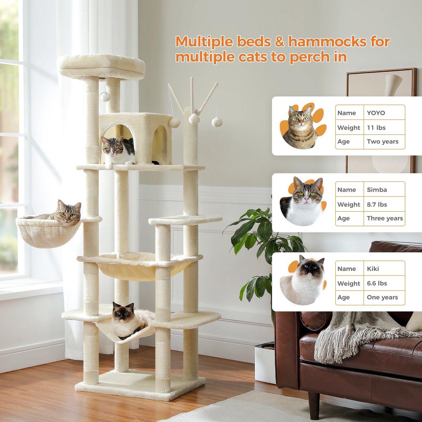 Large Cat Tree Tall Cat Tower for Indoor Cats Multi-Level Plush Cat Condo with Scratching Posts Scratching Posts Perches Caves