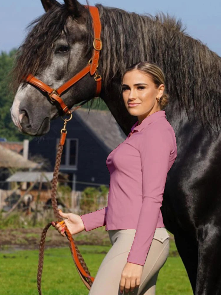 MXLLINA Burgundy Horse Riding T-Shirts Women Soft Equestrian Long Sleeve Tops Ladies Rider Show Base Layer T-shirt Wear Clothing