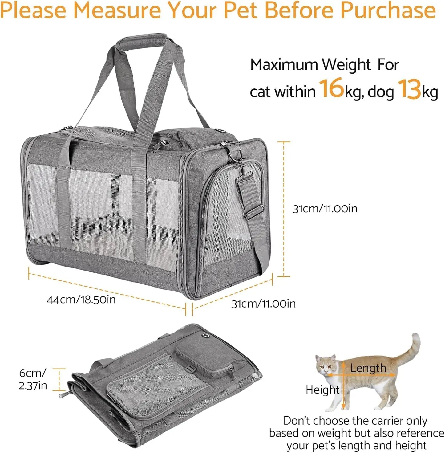 Dog Carrier, Cat Carrier Airline Approved Soft Pet Carrier with Breathable Honeycomb Board, Removable Support Board for Car,
