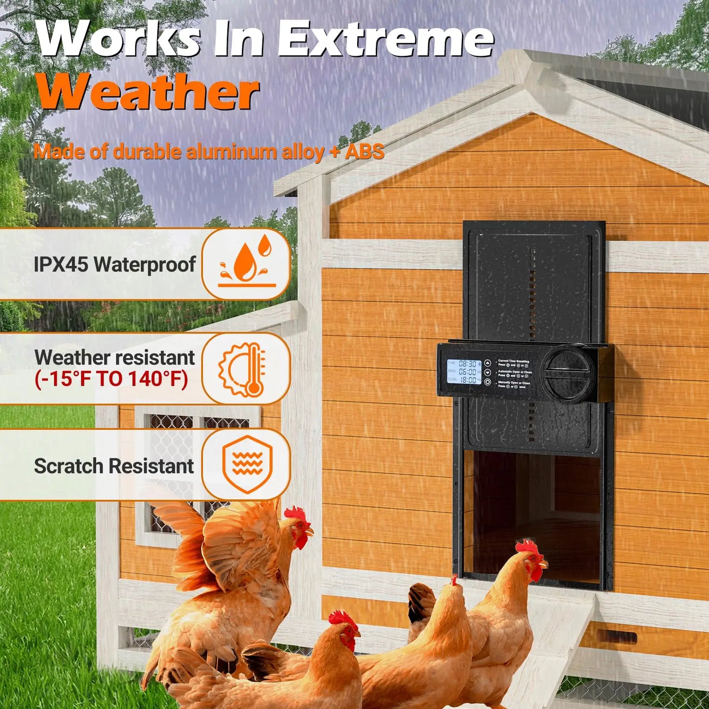 Automatic Chicken Coop Door Auto Duck Door Battery Powered Electric Chicken Coop Door with Timer & Manual Control LED Screen