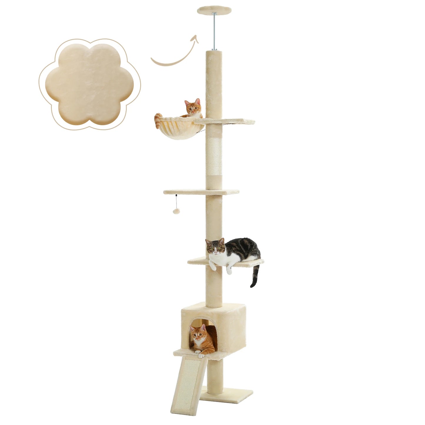 Adjustable Height 210-274CM Cat Tree Floor to Ceiling Tall Cat Climbing Tower with Cozy Condo Hammock Scratching Post Platforms