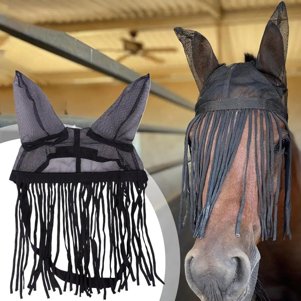 Horse Fly Cover With Ear Mesh Adjustable Horse Supplies With Tassels UV Shield Equestrian Equipment
