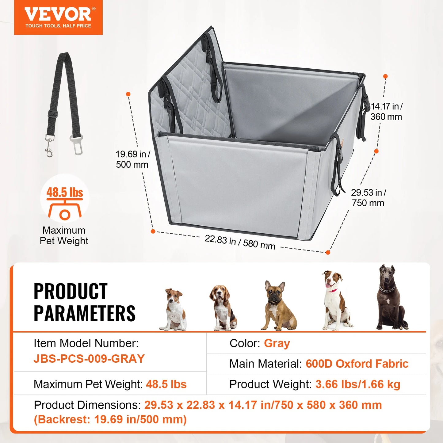 VEVOR Dog Car Seat Waterproof Dog Booster Seat Pet Car Seat with Clip-On Safety Leash PP Cotton Car Bed for Medium & Large Dog