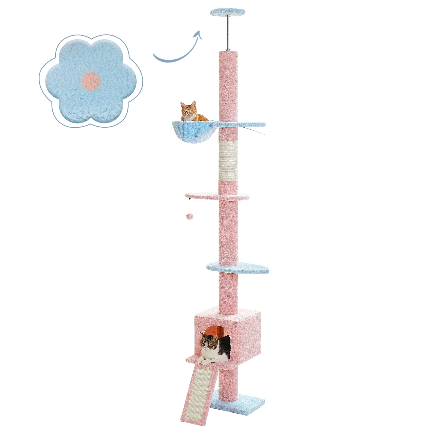 Adjustable Height 210-274CM Cat Tree Floor to Ceiling Tall Cat Climbing Tower with Cozy Condo Hammock Scratching Post Platforms