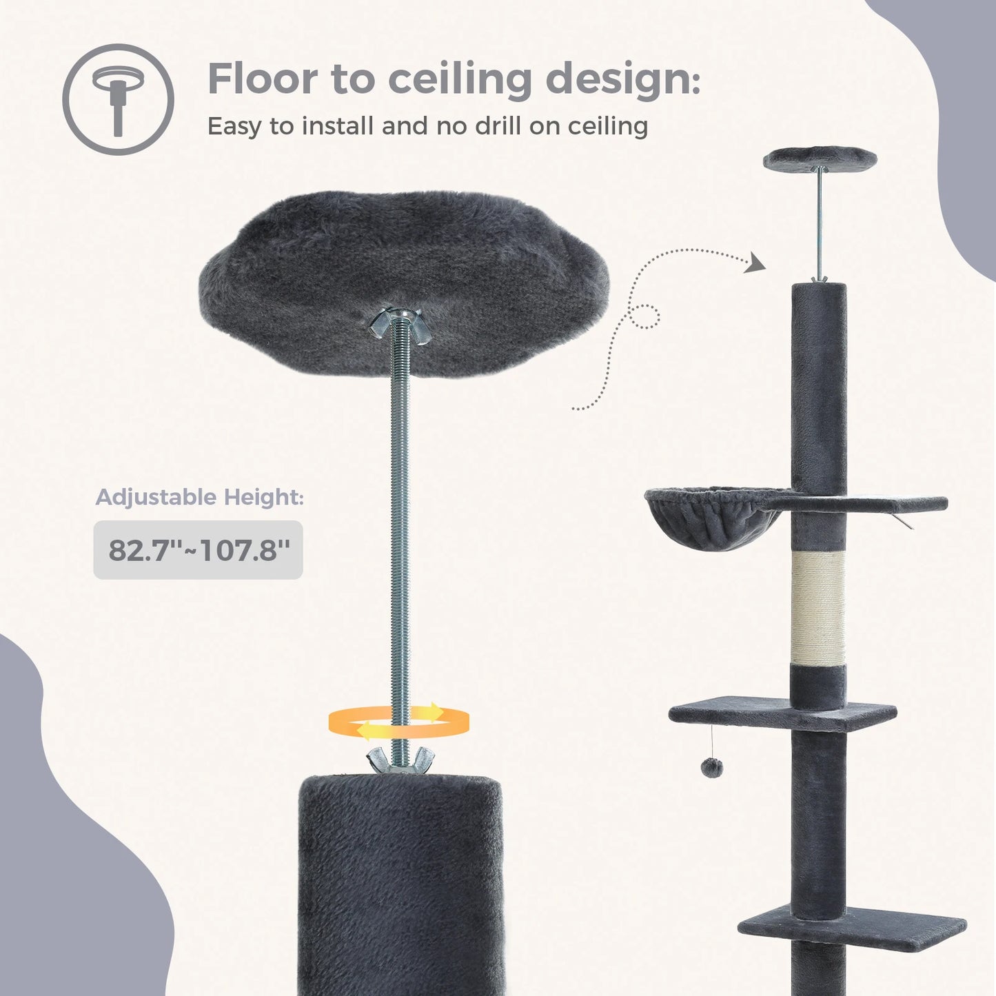 Adjustable Height 210-274CM Cat Tree Floor to Ceiling Tall Cat Climbing Tower with Cozy Condo Hammock Scratching Post Platforms