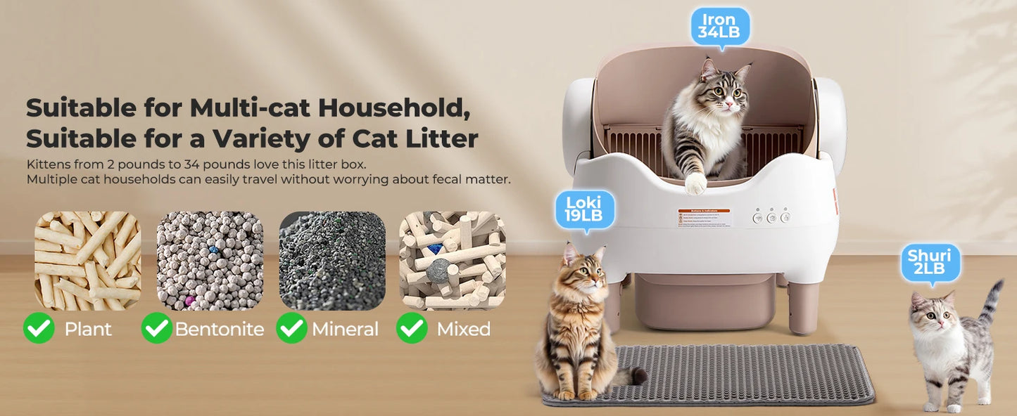 Self Cleaning Litter Box, Automatic Cat Litter Box with APP Control, Odor-Free Large Waste Bin, Open-Top for Multi Cats