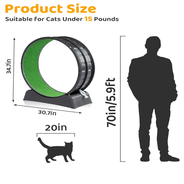 Cat Treadmill Wheel Exerciser with Carpeted Runway, Plastic Cat Running Wheel for Cats Daily Exercise and Weight Loss, Black
