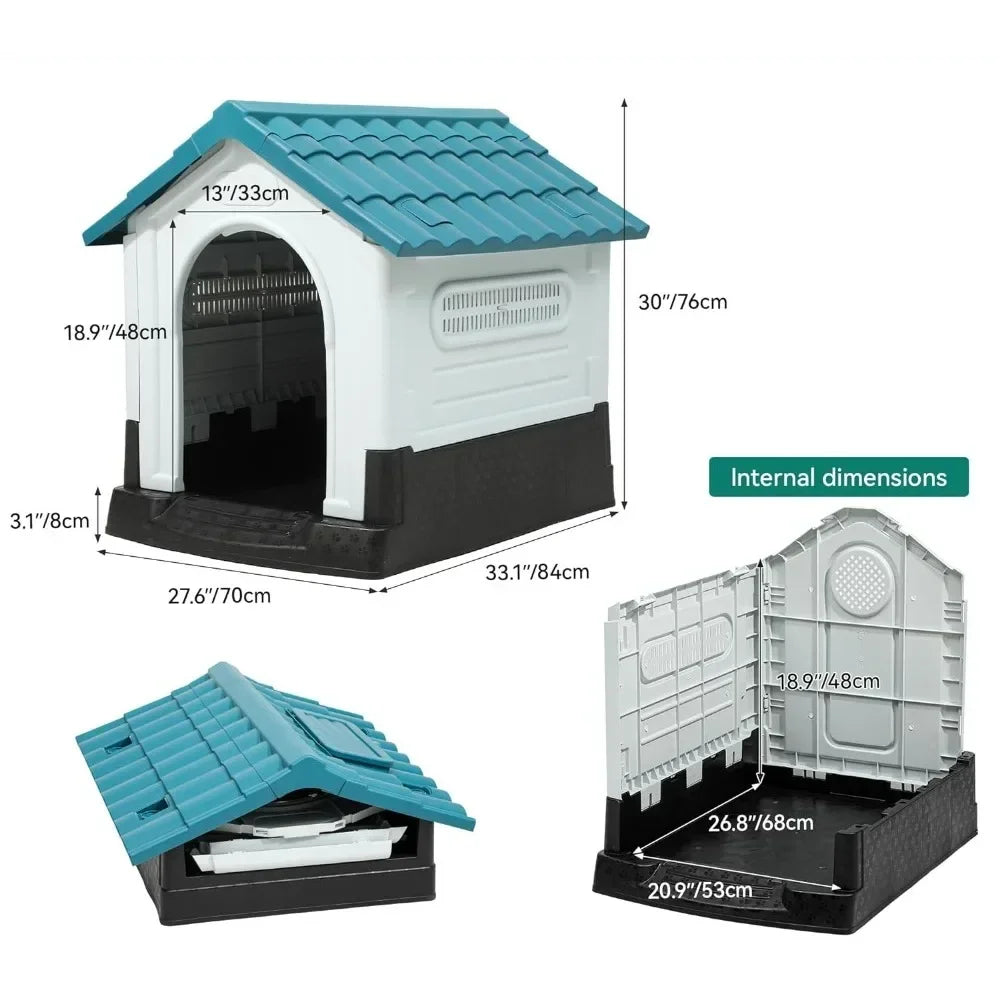 Folding large dog house outdoor plastic dog house with adjustable skylight and elevated base for small to medium sized dogs