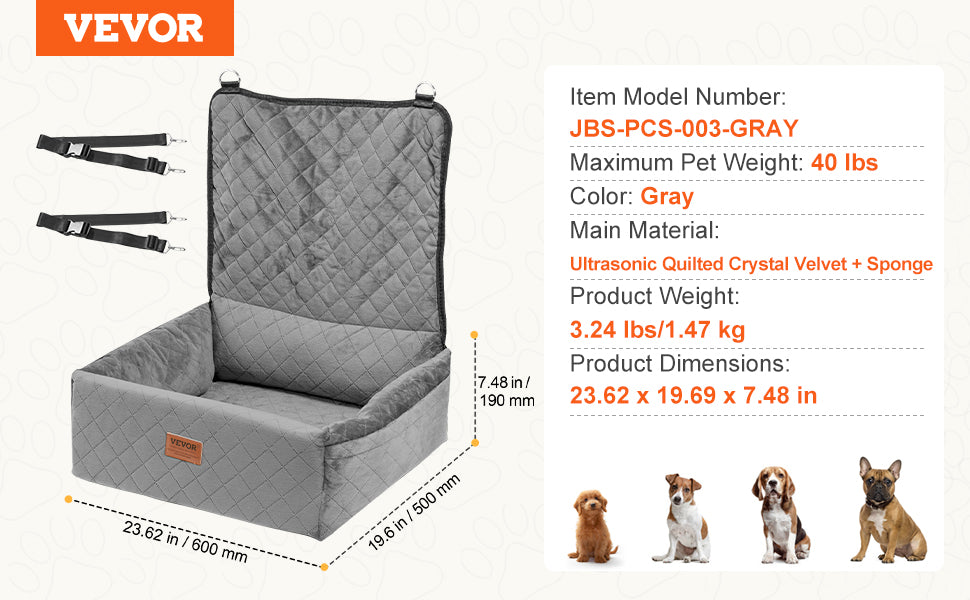 VEVOR Dog Car Seat Waterproof Dog Booster Seat Pet Car Seat with Clip-On Safety Leash PP Cotton Car Bed for Medium & Large Dog
