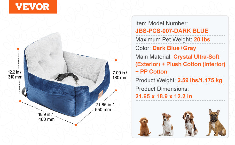 VEVOR Dog Car Seat Waterproof Dog Booster Seat Pet Car Seat with Clip-On Safety Leash PP Cotton Car Bed for Medium & Large Dog