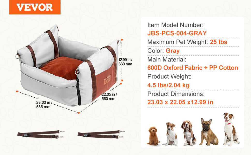VEVOR Dog Car Seat Waterproof Dog Booster Seat Pet Car Seat with Clip-On Safety Leash PP Cotton Car Bed for Medium & Large Dog