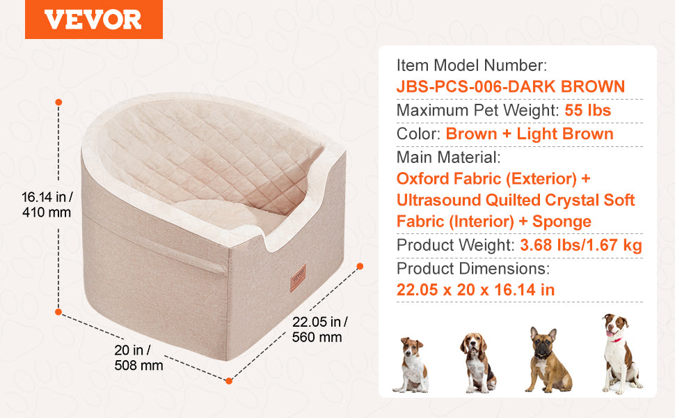 VEVOR Dog Car Seat Waterproof Dog Booster Seat Pet Car Seat with Clip-On Safety Leash PP Cotton Car Bed for Medium & Large Dog