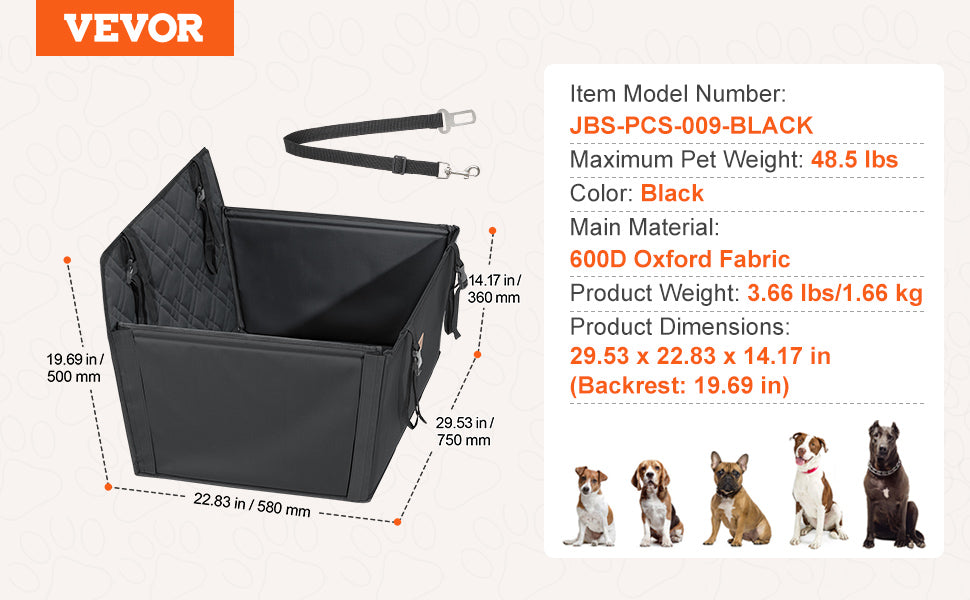 VEVOR Dog Car Seat Waterproof Dog Booster Seat Pet Car Seat with Clip-On Safety Leash PP Cotton Car Bed for Medium & Large Dog
