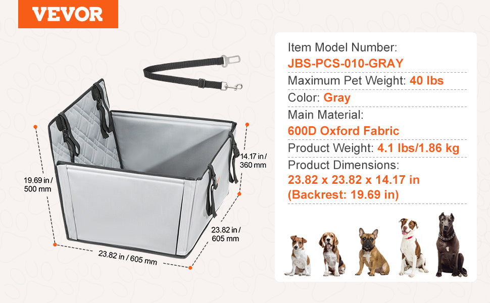 VEVOR Dog Car Seat Waterproof Dog Booster Seat Pet Car Seat with Clip-On Safety Leash PP Cotton Car Bed for Medium & Large Dog