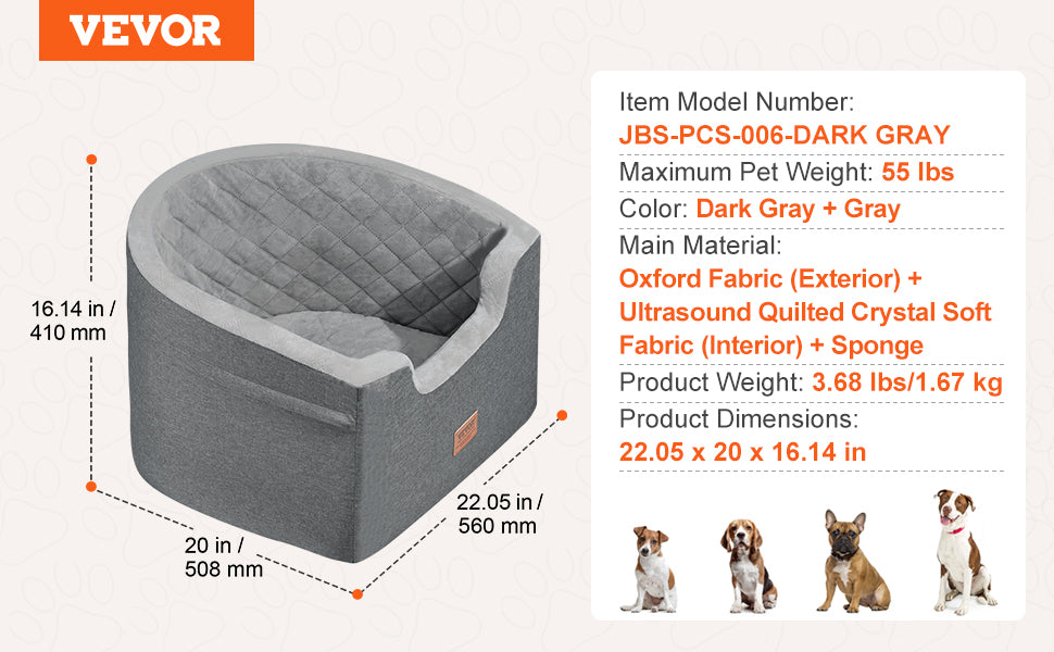 VEVOR Dog Car Seat Waterproof Dog Booster Seat Pet Car Seat with Clip-On Safety Leash PP Cotton Car Bed for Medium & Large Dog