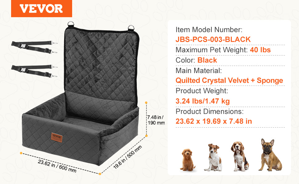 VEVOR Dog Car Seat Waterproof Dog Booster Seat Pet Car Seat with Clip-On Safety Leash PP Cotton Car Bed for Medium & Large Dog