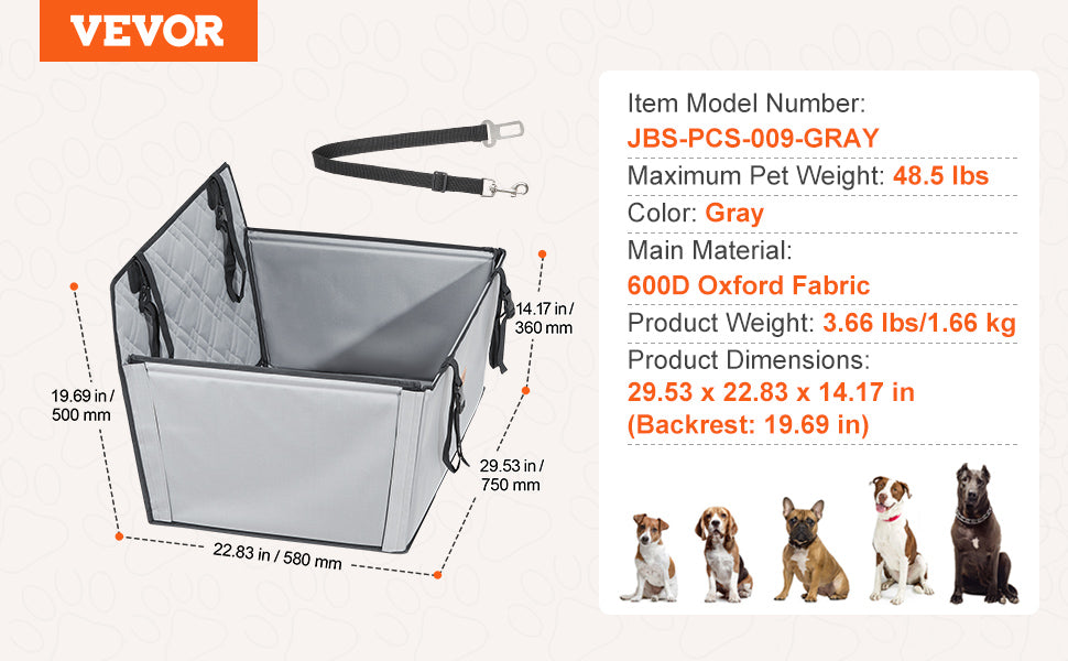 VEVOR Dog Car Seat Waterproof Dog Booster Seat Pet Car Seat with Clip-On Safety Leash PP Cotton Car Bed for Medium & Large Dog