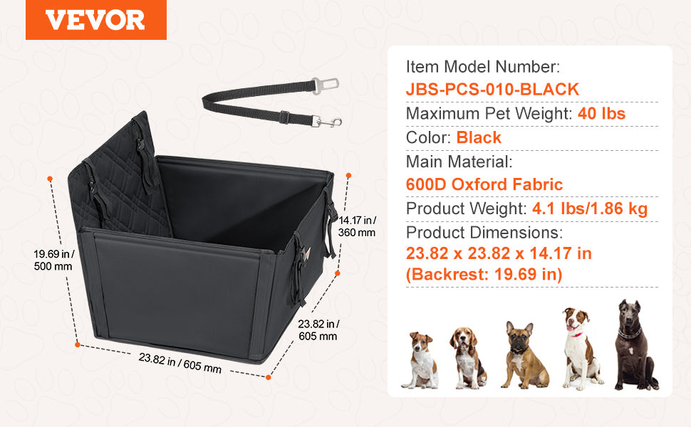 VEVOR Dog Car Seat Waterproof Dog Booster Seat Pet Car Seat with Clip-On Safety Leash PP Cotton Car Bed for Medium & Large Dog