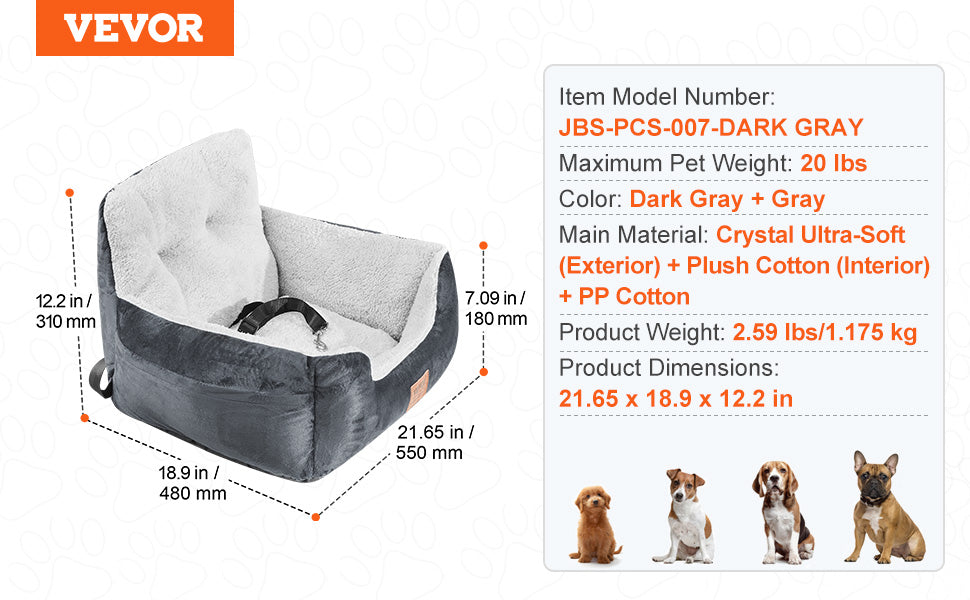 VEVOR Dog Car Seat Waterproof Dog Booster Seat Pet Car Seat with Clip-On Safety Leash PP Cotton Car Bed for Medium & Large Dog