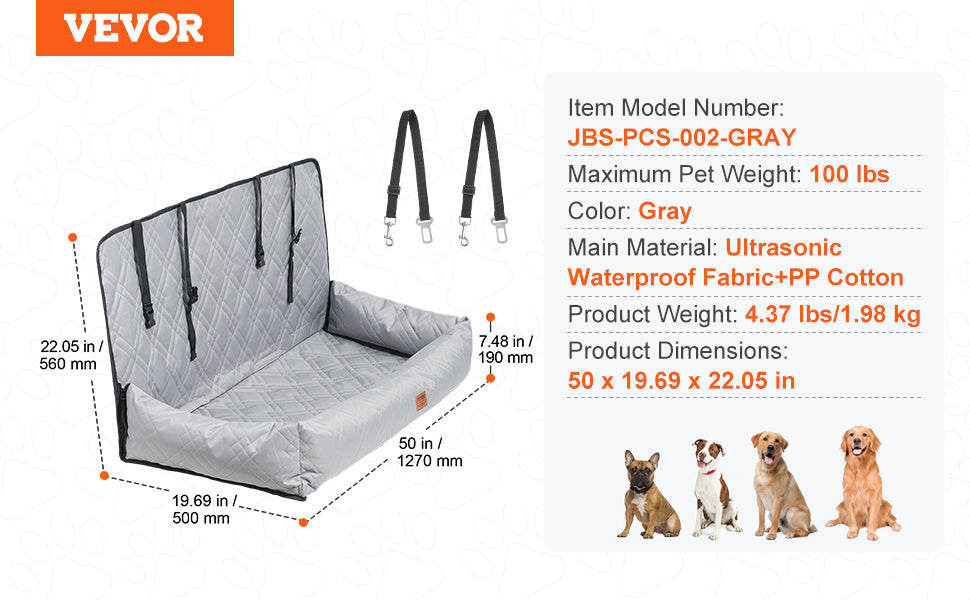 VEVOR Dog Car Seat Waterproof Dog Booster Seat Pet Car Seat with Clip-On Safety Leash PP Cotton Car Bed for Medium & Large Dog