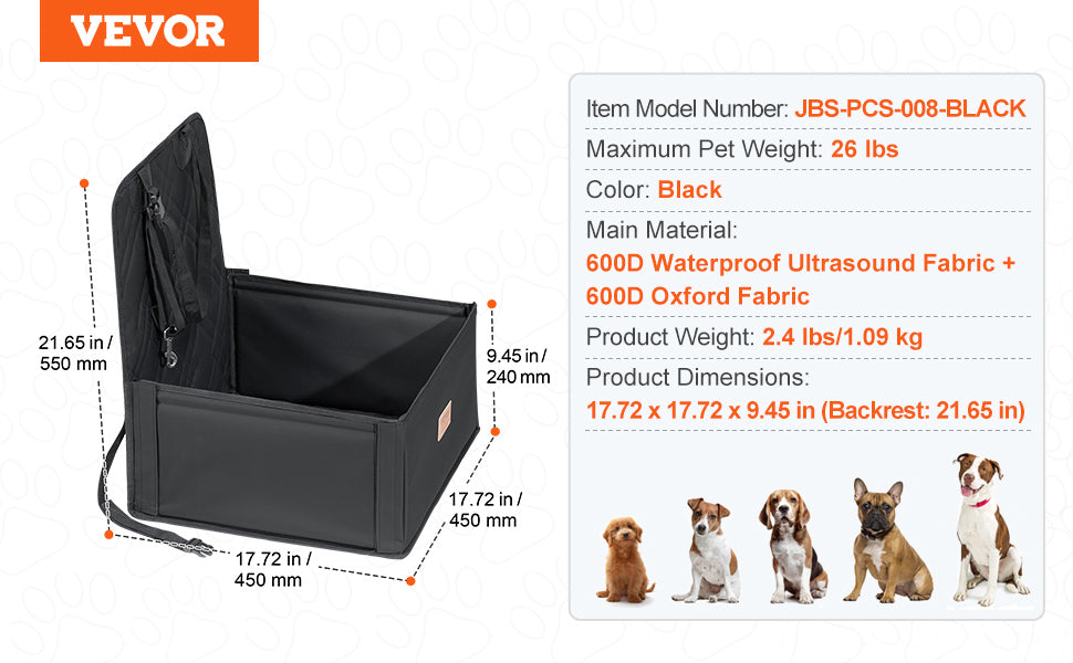 VEVOR Dog Car Seat Waterproof Dog Booster Seat Pet Car Seat with Clip-On Safety Leash PP Cotton Car Bed for Medium & Large Dog