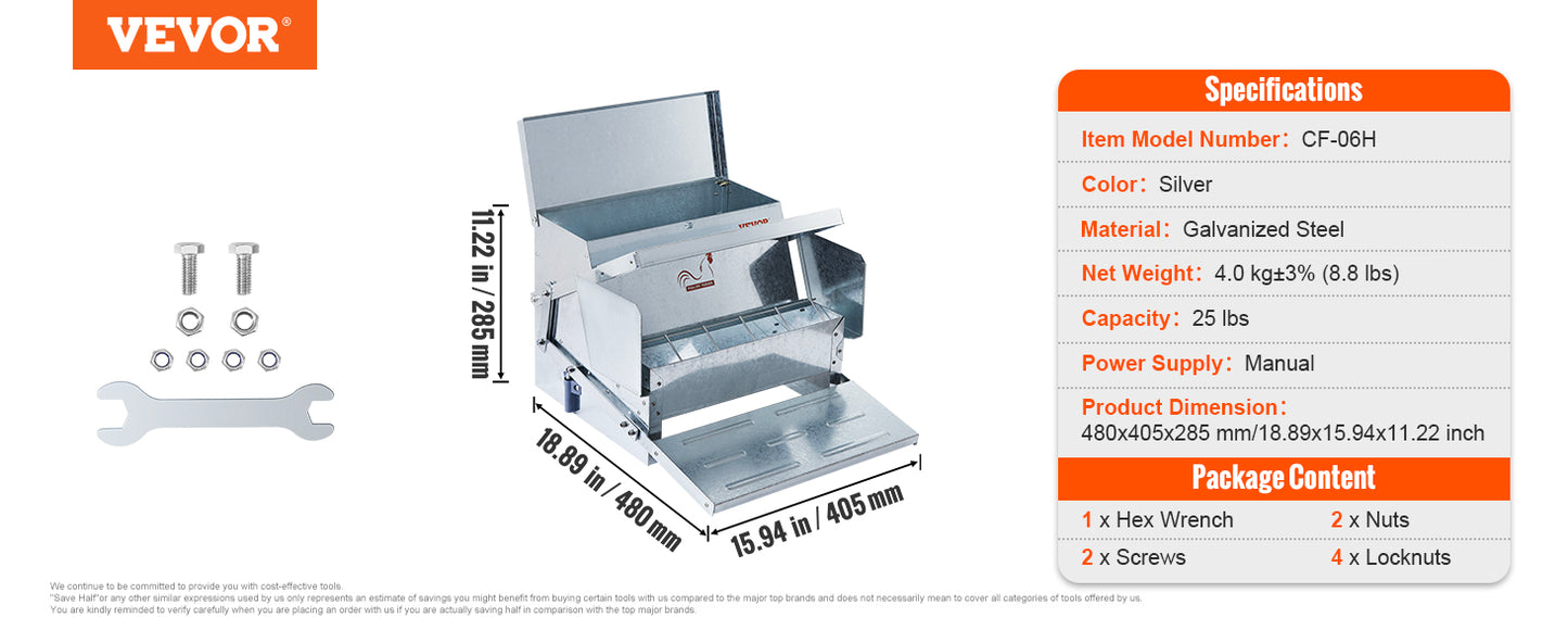 VEVOR Automatic Chicken Feeder 25 lbs Capacity Feeds 10 Chickens up to 11 Days Galvanized Steel Poultry Feeder