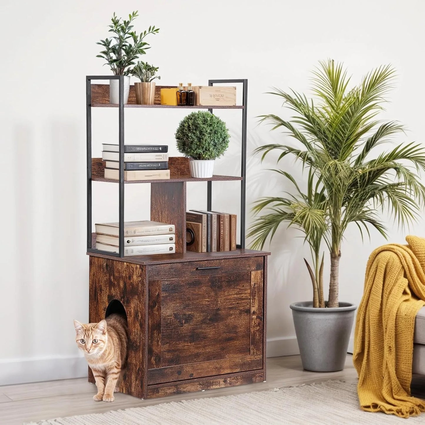 2-in-1 Cat Litter Box Enclosure with Storage Shelves, Hidden Cat Litter Box Enclosure Furniture with Entrance (Rustic Brown)