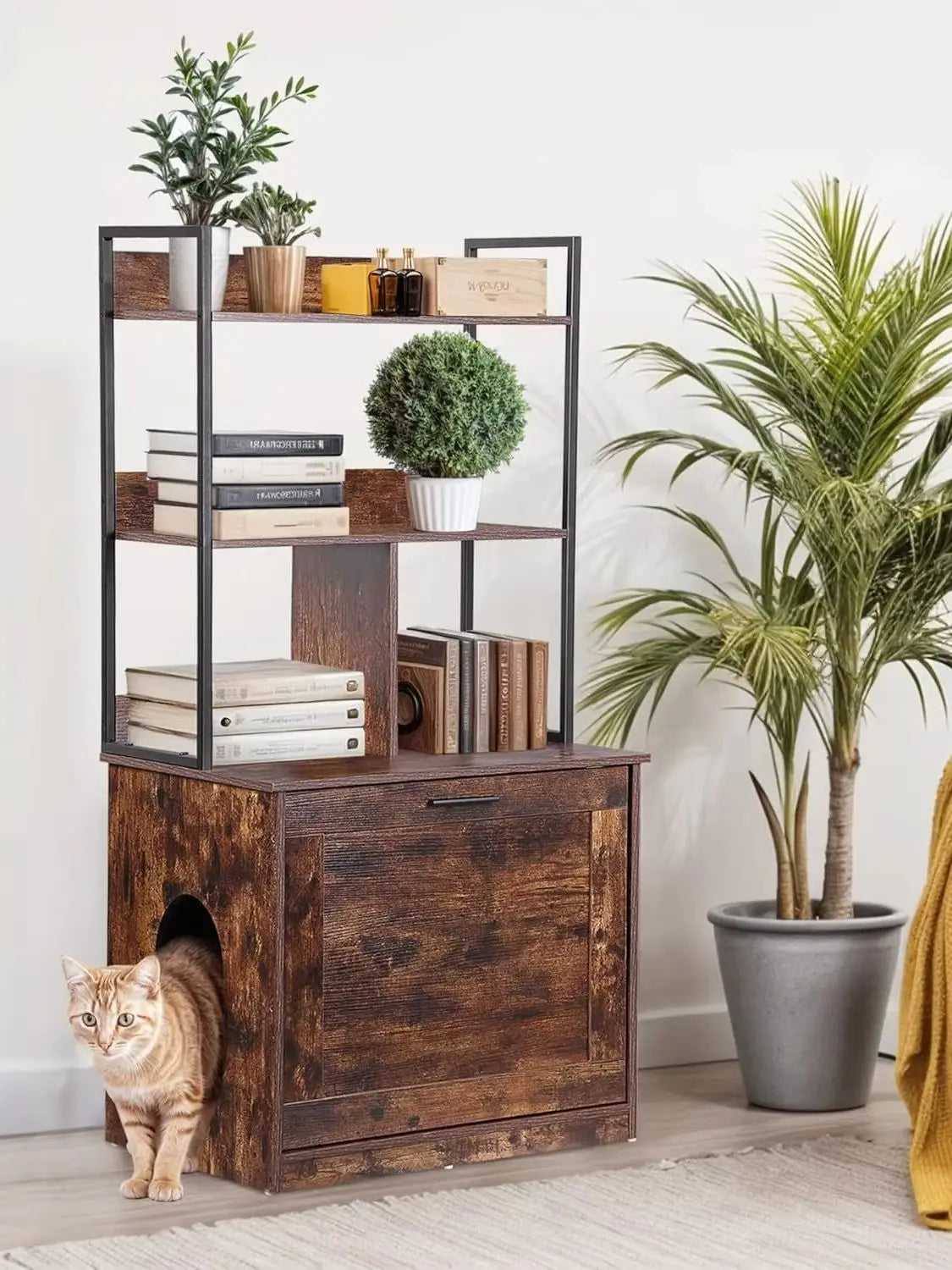 2-in-1 Cat Litter Box Enclosure with Storage Shelves, Hidden Cat Litter Box Enclosure Furniture with Entrance (Rustic Brown)