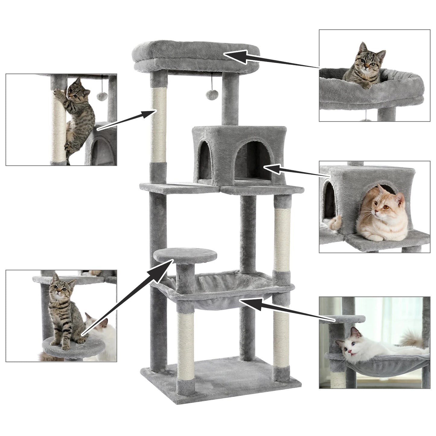 Pet Cat Tree House Condo Perch Entertainment Playground Stable Furniture for Kitten Multi-Level Tower for Large Cat Cozy Hommock