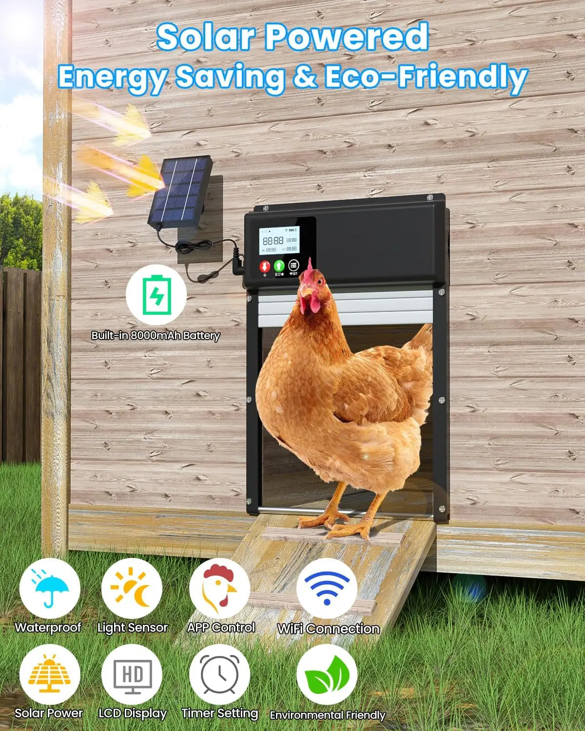 Automatic Chicken Coop Door WiFi Remote Control, Solar Powered Automatic Chicken Door Opener with 8000mAh Battery, Timer & Light